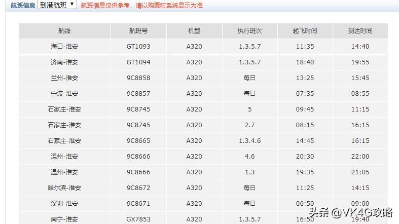 涟水机场最新航班时刻表